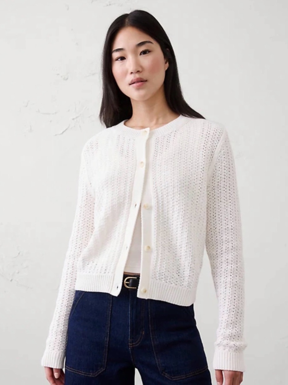 Banana Republic Factory Ivory Open-Knit Button Cardigan